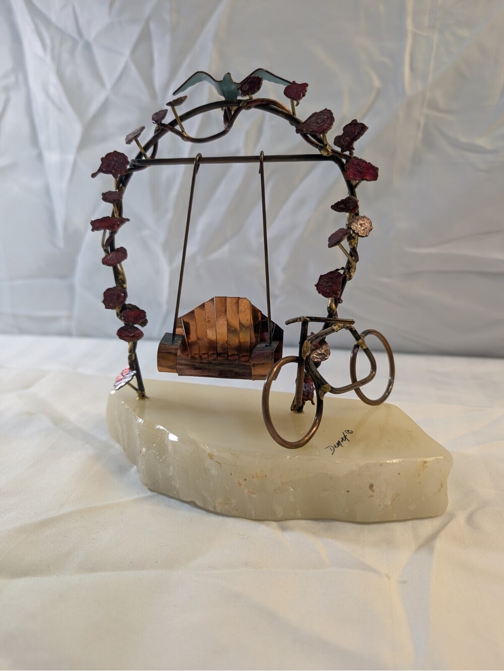 Vintage John DeMott Signed Kinetic Metal Sculpture Wheel Bicycle Bird Marble